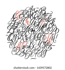 Hand drawn typeface on white background. Painted vector characters in circle: lowercase and uppercase. Typography cursive alphabet for your designs: logo, typeface, card, poster