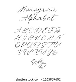 Hand drawn typeface set isolated on white. Brush painted characters: lowercase and uppercase. Vector logo font. Typography alphabet for your designs: logo, typeface, card, wedding invitation. Isolated