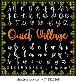 Hand drawn typeface vector alphabet font lettering and number named Quiet Village