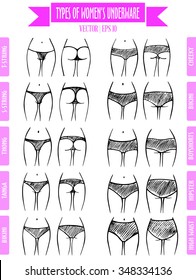 Hand drawn types of women's panties. Vector set of underwear. Sketch style.