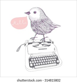 Hand drawn typewriter with bird cute line art painting illustration vintage.