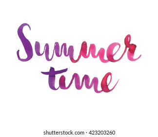 Hand drawn typographic design "Summer Time" in pink and violet colors.  Summer quote poster. Hand lettering quote for posters, t-shirts and prints