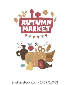 Hand drawn typographic ebmlem Autumn market. Letters, flags, autumnal leaves. Autumn fall fest logo template. For flyer, poster, card, web. Vector illustration