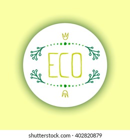 Hand drawn typographic element. Word "eco" with doodle branches and flowers. Suitable for ads, signboards, packaging, web designs.