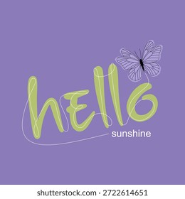 Ilustración tipográfica dibujada a mano con la frase "Hola sol" con letras juguetonas y una delicada ilustración de mariposa sobre un fondo púrpura suave. Los colores brillantes y una composición alegre crean un sentimiento positivo, edificante y amigable adecuado para carteles, arte mural, tarjetas de felicitación, gráficos de redes sociales, pegatinas y marcas de estilo de vida.