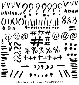 Hand drawn typographic marks. Alphabet symbols signs.  Vector sketch  illustration.