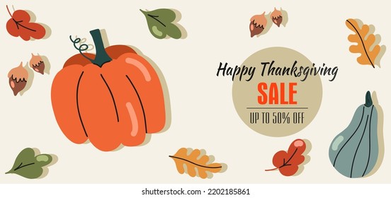 Hand drawn typographic poster Happy Thanksgiving, pumpkin, leaves, acorns and text on a light background. Festive text, discount coupon, sale. Vector calligraphy, print, flyer, banner.