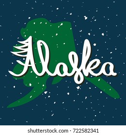 Hand drawn typographic poster with lettering elements on the theme of the symbols of the United States. Alaska.