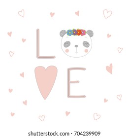 Hand drawn typographic poster with word love, hearts and cute funny panda girl face in flower chain. Isolated objects on white background. Vector illustration Design concept for children.