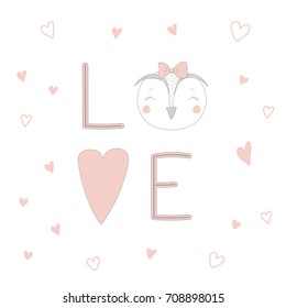 Hand drawn typographic poster with word love, hearts and cute funny owl girl face with a bow. Isolated objects on white background. Vector illustration Design concept for children.