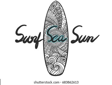 Hand drawn typographic Surf Sea Sun with surfboard for logo, t shirt design and other design element. Vector illustration