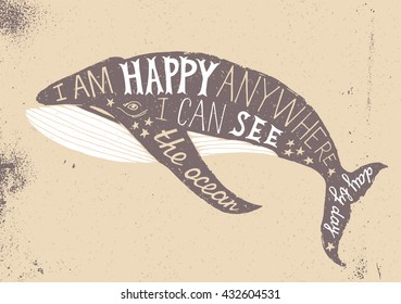 Hand drawn typographical poster with whale