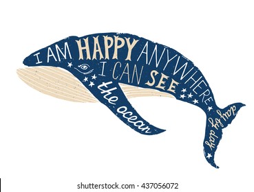 Hand drawn typographical poster with whale 