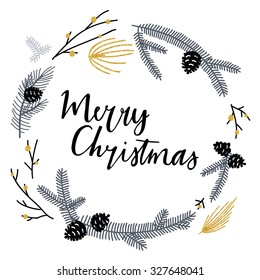 Hand drawn typography card. Merry christmas greetings hand-lettering with gold texture elements. Vector illustration.