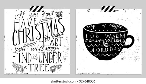 Hand drawn typography card. Merry christmas and happy new year greetings hand-lettering isolated card set in black and white colors. Vector illustration.