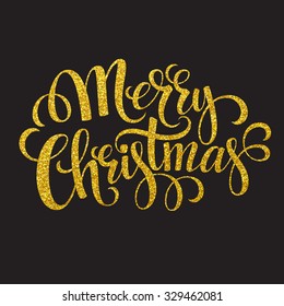 Hand drawn typography card. Merry christmas greetings gold glitter hand lettering. Vector illustration EPS 10