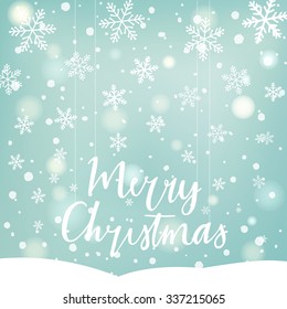 Hand drawn typography card. Merry christmas greetings hand-lettering isolated on blured background. Vector illustration. Vintage christmas label on christmas snowflakes blurred background.