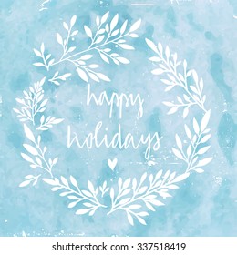 Hand drawn typography card. Merry christmas greetings hand-lettering on watercolor blue background. Vector illustration.