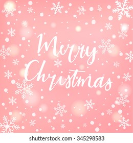 Hand drawn typography card. Merry christmas greetings hand-lettering isolated on blured background. Vector illustration. Vintage christmas label on christmas snowflakes blurred background.