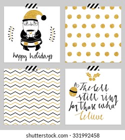 Hand drawn typography card set. Merry christmas and happy new year greetings hand-lettering isolated card collection in black, white and gold colors with seamless pattern. Vector illustration.