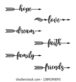 Hand Drawn Typography Collections Word Of Hope, Love, Dream, Faith, Family, And Friends Starts An Ends With Arrow - Vector