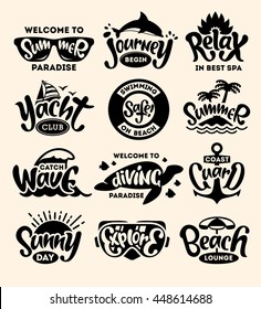 Hand drawn typography elements. Summer calligraphic designs with sun glasses, dolphin, lotus flower, tropical island, swim ring, yacht, surfing, diving and beach umbrella as labels (monochrome copy).