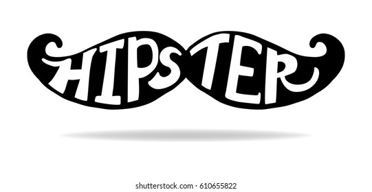 hand drawn typography lettering on mustache silhouette illustration, black handlebar style facial hair design in artsy retro style