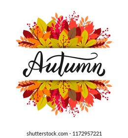 Hand drawn typography lettering phrase Hello Autumn. Ink brush lettering for autumn invitation card. Hello Autumn phrase for calendar. Handwritten phrase for banner, flyer, greeting card, calendar.