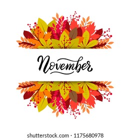 Hand drawn typography lettering phrase Hello November. Ink brush lettering for autumn invitation card. Month November for calendar. Handwritten phrase for banner, flyer, greeting card, calendar.