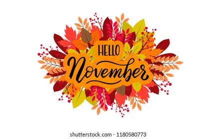 Hand drawn typography lettering phrase Hello November. Ink brush lettering for autumn invitation card. Month November for calendar. Handwritten phrase for banner, flyer, greeting card, calendar.