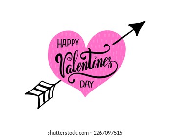 Hand drawn typography lettering phrase Happy Valentines Day. Ink brush lettering for 14th February greeting card. Vector calligraphy text, logo, illustration for February 14. Romantic Lettering.
