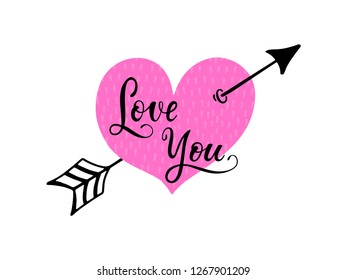 Hand drawn typography lettering phrase Love You. Ink brush lettering for 14th February greeting card. Vector calligraphy text, logo, illustration for February 14. Romantic Valentine Lettering.