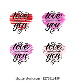 Hand drawn typography lettering phrase Love You. Ink brush lettering for 14th February greeting card or wedding. Vector calligraphy text, logo, illustration for celebration. Romantic Lettering.