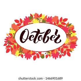 Hand drawn typography lettering phrase October. Ink brush lettering for autumn invitation card. Month October for calendar. Handwritten phrase for banner, poster, flyer, greeting card. Vector EPS10