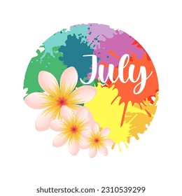 Hand drawn typography lettering phrase Hello, july! Fun calligraphy for typography greeting and invitation card or t-shirt print design.