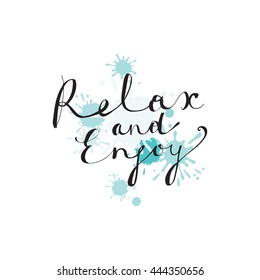 Hand drawn typography lettering phrase -Relax and enjoy- and doodle traveling elements on white background.Modern calligraphy.Vector design for print, postcard, t-shirt, banner, sticker