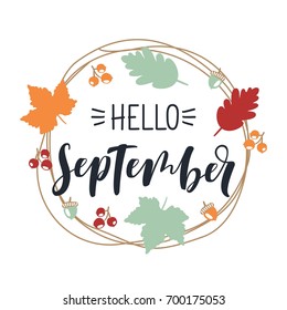 Hand drawn typography lettering phrase Hello, September