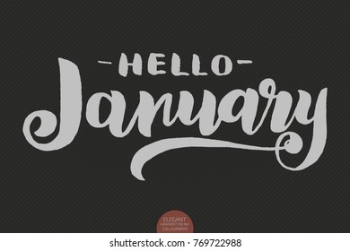 Hand drawn typography lettering phrase Hello January isolated on the dark background with. Brush ink calligraphy inscription for winter greeting invitation card, print etc.