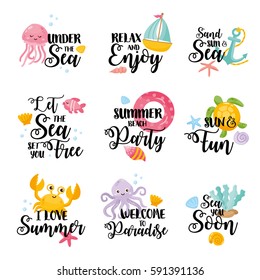 Hand drawn typography lettering phrases. Sea signs and banners. Cute illustrations for summer holiday, beach vacation and party.