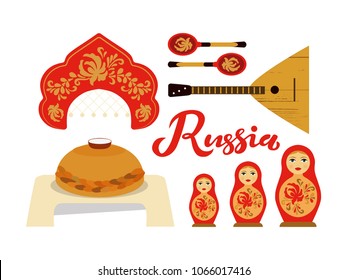 Hand drawn typography lettering poster with Russia red text and traditional russian symbols background - matryoshka, balalaika, spoons, loaf, isolated. Illustration for tags, flayers, tickets, cards.
