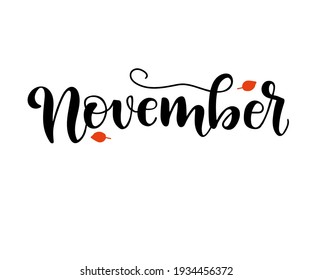 Grabado a mano tipografía, plantilla, icono, insignia, palabra de noviembre, aislado en el fondo blanco. Estilo moderno de caligrafía. Lápiz de pincel.