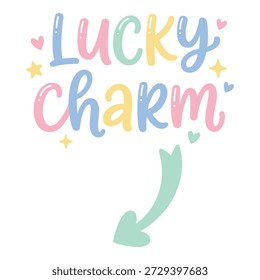 Hand drawn typography with lucky charm text and decorative elements. Soft pastel palette for greeting card design.