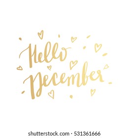 Hand drawn typography phrase Hello December golden glittering lettering sticker design on white background with snowflakes. Vector illustration EPS 10. Fun brush ink calligraphy winter card or print