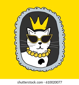 Hand drawn typography poster with cat . Hand drawn poster. Hand drawn cat art. Cat in sunglasses.