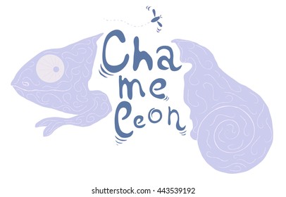 Hand drawn typography poster. Chameleon silhouette with writing for postcard.
