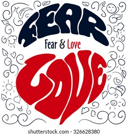 Hand drawn typography poster design with emotions silhouette and labels Fear and love in heart shape, dark blue and red colors on sketch background