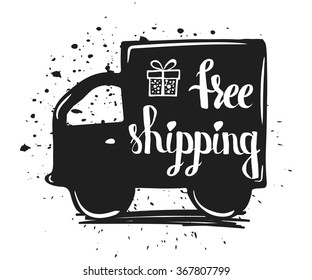 Hand drawn typography poster free shipping isolated on a white background. Calligraphy lettering vector
