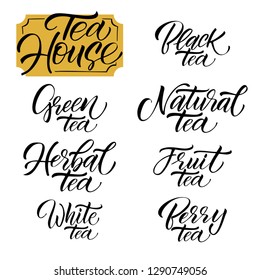 Hand drawn typography poster, greeting card or print invitation with tea phrase in it. Vector calligraphy quote with tea. Black ink on white isolated background.