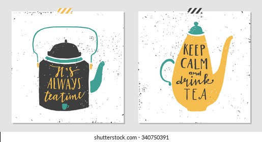 Hand drawn typography poster, greeting card or print invitation with coffee maker silhouette and phrase in it.