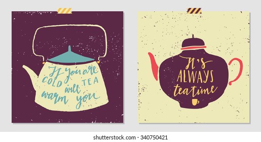 Hand drawn typography poster, greeting card or print invitation with coffee maker silhouette and phrase in it.